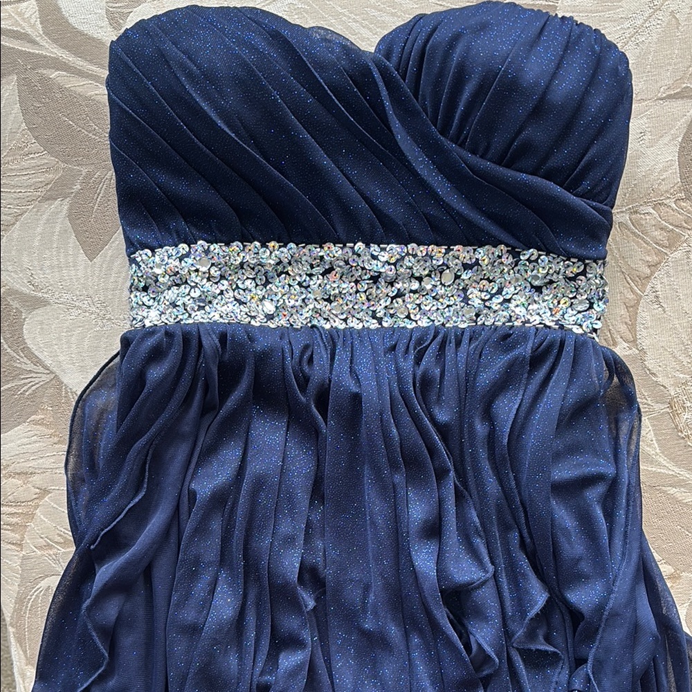 Navy Strapless homecoming dress with Sequin Detail, high low style